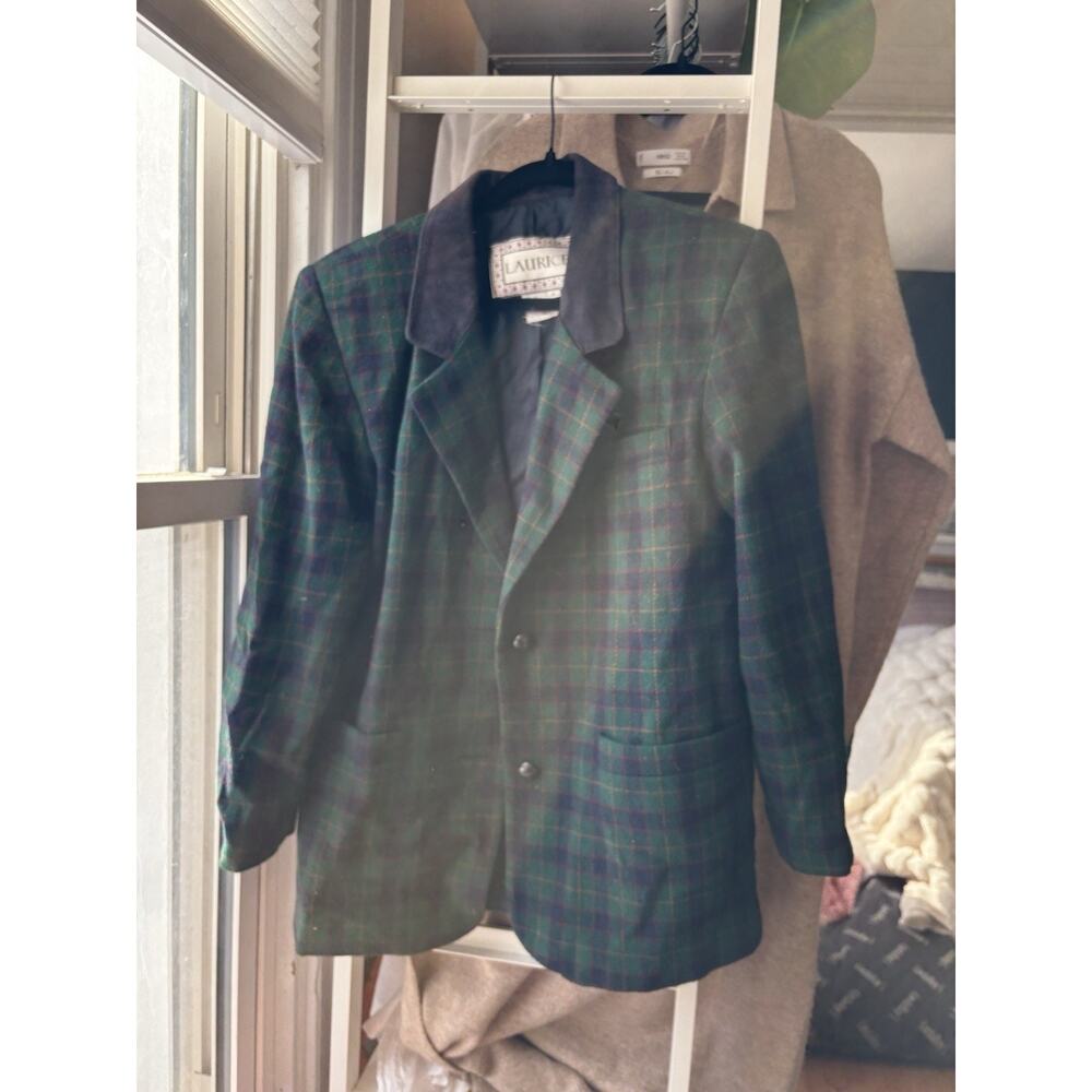 Vintage Laurice Jacket Men Medium Green Wool Blazer Flannel Plaid Leather Collar